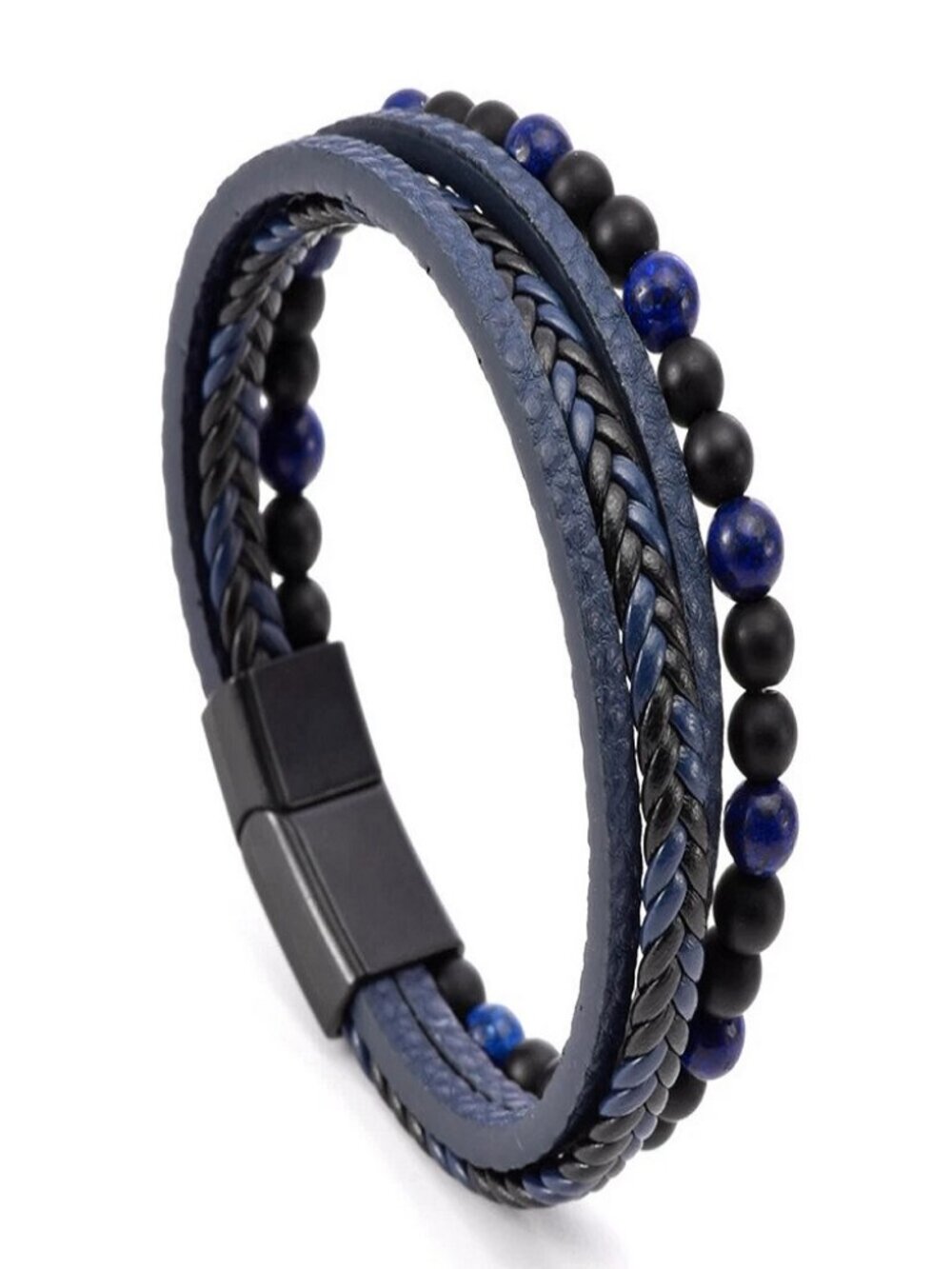 Men's Layered Braided Leather Beaded Bracelet With Tiger Eye Natural Stone - Picture 3 of 10